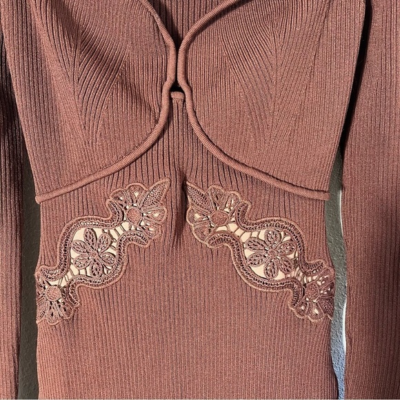 SELF-PORTRAIT Rib Knit Lace Insert Long Sleeve Midi Bodycon Fitted Dress - Picture 7 of 10